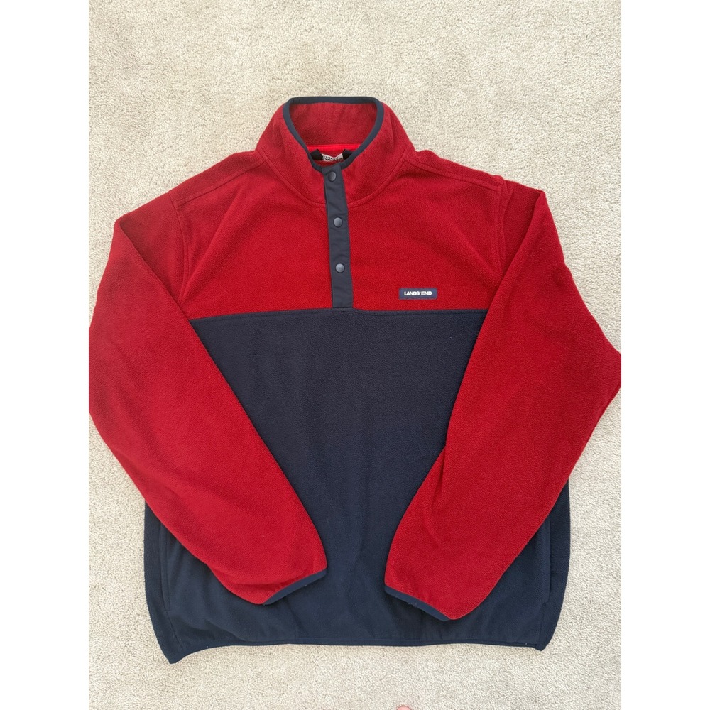 Lands End Mens XL Heritage Fleece Pullover Red Navy Blue Gorpcore